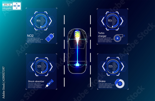Concept for driver assistance systems. Autonomous car. Driverless car. Self driving vehicle. modern design weekly and annual statistics graphs. Cars statistic, web design, UI elements. 