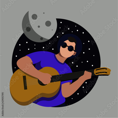 Young man playing guitar to the moon in space