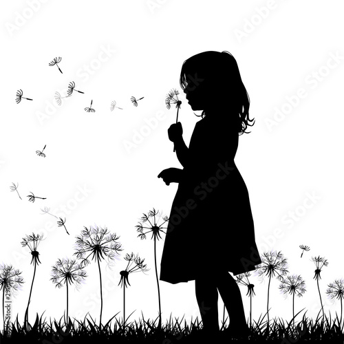 The profile of the silhouette of the girl blows dandelion. Vector illustration