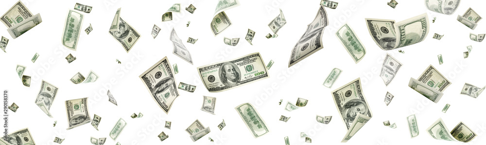 Us dollar. American money, falling cash. Flying hundred dollars - obrazy, fototapety, plakaty 