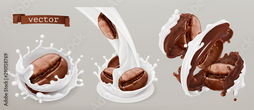 Coffee beans and milk splashes. 3d vector realistic set