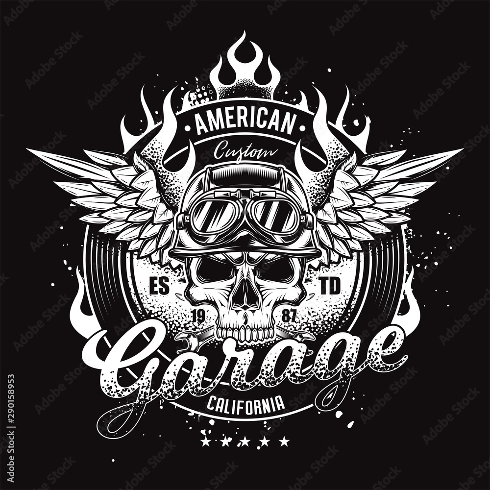 Vintage, vector Moto illustration. Skull with wings on fire. Suitable for t-shirt design.