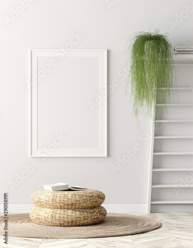 Mock up poster frame in interior background, Scandinavian home, 3d render