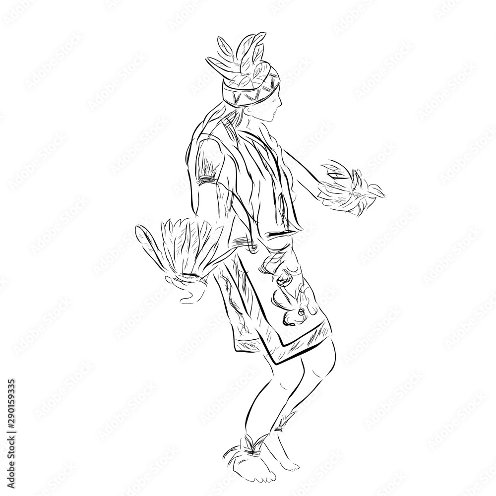 Fototapeta premium Simple Black Vector Outline Sketch, Dayak Traditional Dancer, East or West Kalimantan Indonesia