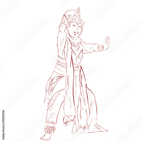 simple vector outline sketch, Remo Traditional Dancer, from East Java Indonesia