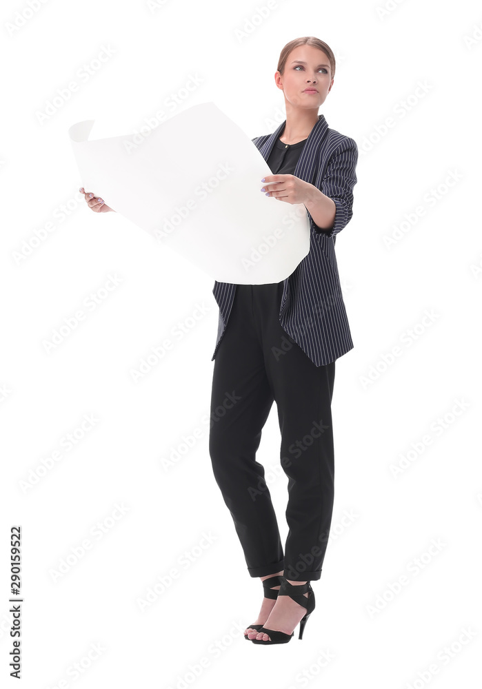 young business woman looking at sketches of new project . isolated on white young business woman looking at sketches of new project . isolated on white