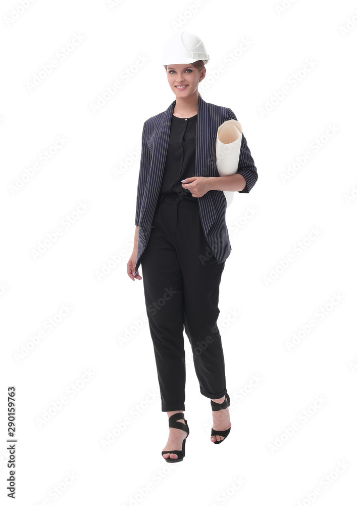 businesswoman in a protective helmet goes forward . isolated on white businesswoman in a protective helmet goes forward . isolated on white