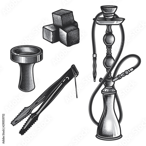 Original monochrome vector hookah set in retro style