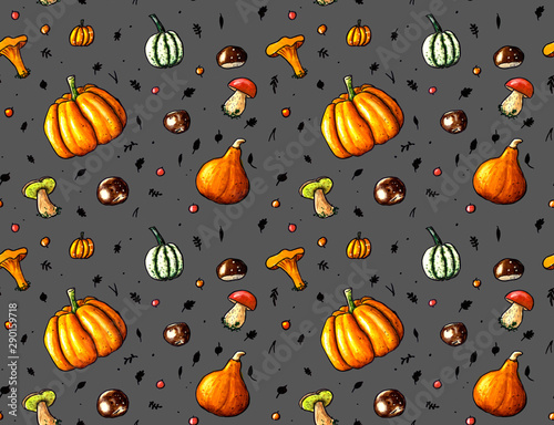 Hand sketched seamless background with pumpkins, autumn fruites, mushrooms and berries