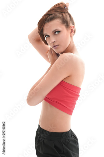 young fitness woman with long hair .isolated on white