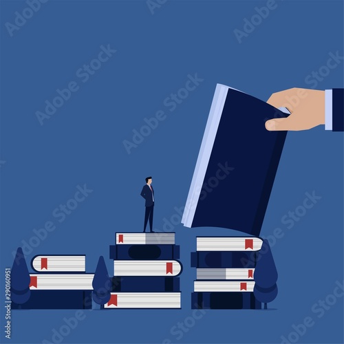 Business flat vector concept businessman stand above books and read metaphor of learn the business rules.