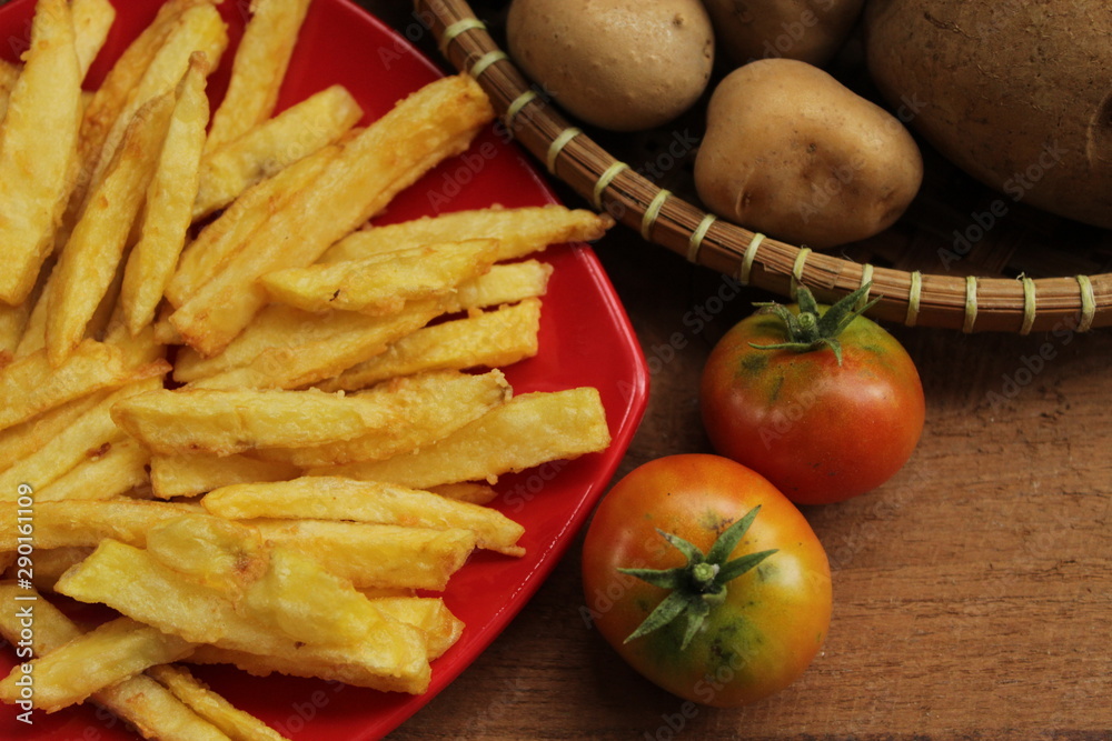 conceptual photo of homemade french fries on red plate conceptual photo of homemade french fries on red plate