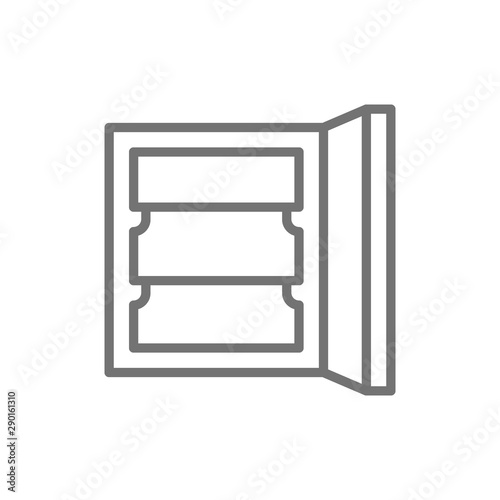 Vector fridge, freezer with shelves line icon.