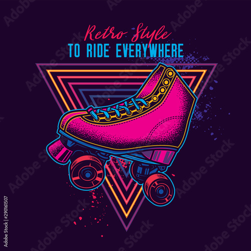 Vintage roller skates in neon style. Original vector illustration. photo