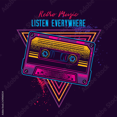 Vintage music cassette with magnetic film in neon style. Original vector illustration.