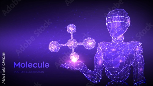 Molecule Structure. Low poly abstract Molecule. Dna, atom, neurons. Molecules and chemical formulas. Abstract 3d low polygonal robot holding Molecule. Vector illustration.