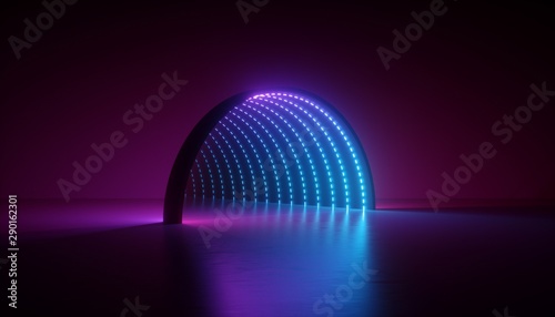 abstract minimal ultraviolet background, 3d render of geometric shape, round arch, tunnel, corridor, blue led, neon light, stage design, floor reflection