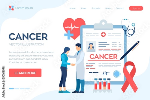 Medical diagnosis - Cancer. Doctor taking care of patient. Detecting and Diagnosis of Oncological Disease. Cancerous Malignant Tumor. Chemotherapy. Breast Cancer Awareness Ribbon. Vector illustration.
