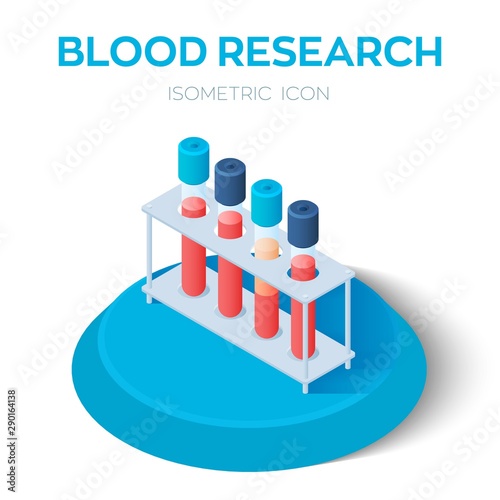 Blood samples isometric icon. Blood research. Vacuum tubes for collecting blood samples in the laboratory. Medical equipment. Vector illustration.