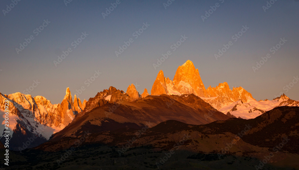 Sunrise at Fitz Roy mountain in Patagonia, beautiful panoramic landscape, nature of Argentina.