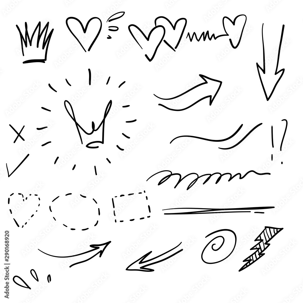 Swishes, swoops, emphasis doodles handdrawn style with Highlight text elements, calligraphy swirl, tail, flower, heart, graffiti crown.vector Swishes, swoops, emphasis doodles handdrawn style with Highlight text elements, calligraphy swirl, tail, flower, heart, graffiti crown.vector