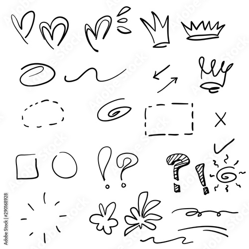 Swishes, swoops, emphasis doodles handdrawn style with Highlight text elements, calligraphy swirl, tail, flower, heart, graffiti crown.vector