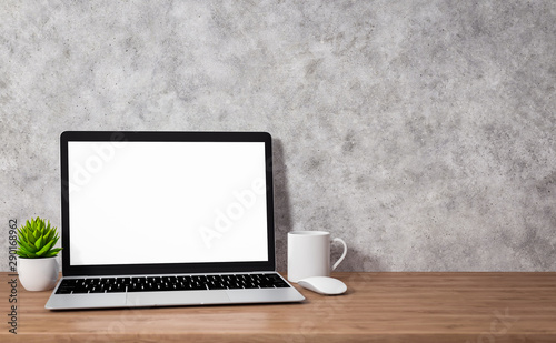 Laptop with blank screen on wood table, workspace mockup design, illustration 3D rendering