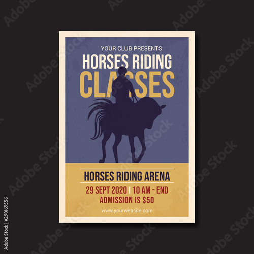 horses riding classes flyer template, retro flat design vector
