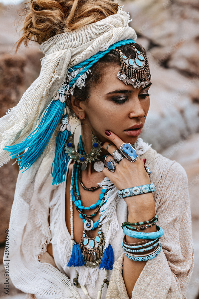 centeret entanglement ingeniør young tribal style woman with lot of boho accessories portrait Stock Photo  | Adobe Stock