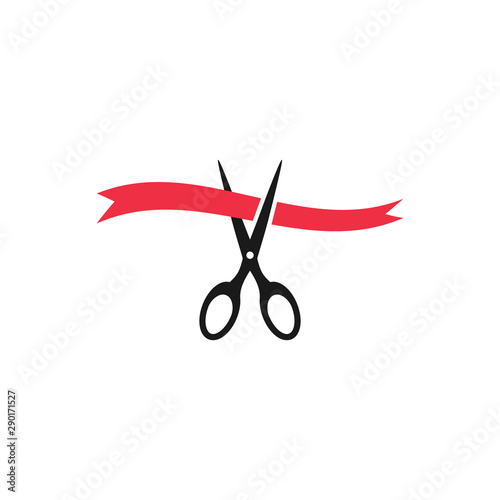 Black scissors cutting red ribbon, inauguration event vector icon. Grand opening concept simple glyph symbol.