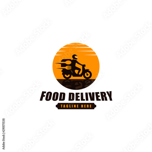 food delivery by motorcycle logo vector icon ilustration, online food delivery by motorcycle with a silhouette of sunlight