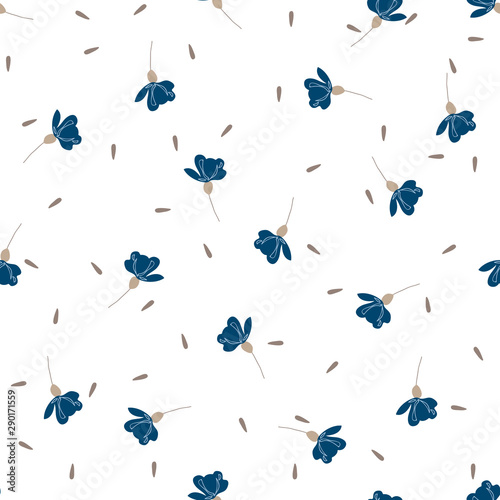 Blossom floral seamless pattern. Blooming botanical motifs scattered random. Colorful vector texture. Good for fashion prints. Hand drawn small blue flowers on white background 