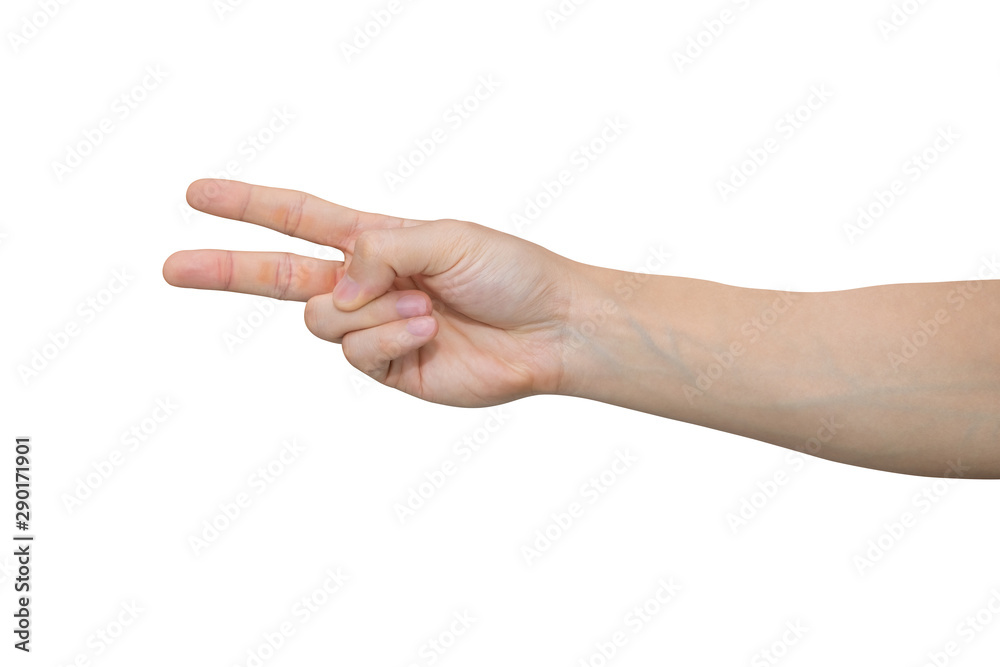 Man hand showing two fingers isolated on white background with clipping path. Man hand showing two fingers isolated on white background with clipping path.