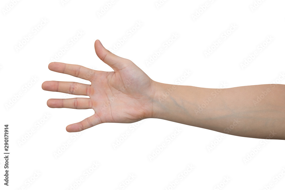 Man hand showing five fingers isolated on white background with clipping path.