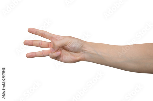 Man hand showing three fingers isolated on white background with clipping path.
