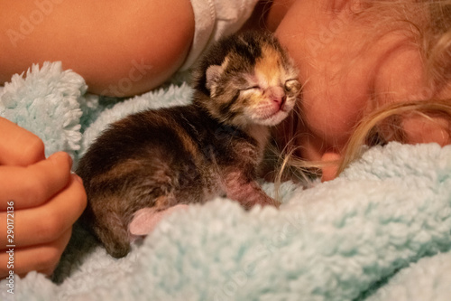 Little Girl Cuddling with a Newborn Orphan Calico Kitten