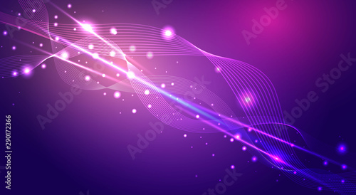 Abstract shiny lines wave, creative vector background with neon magical stars