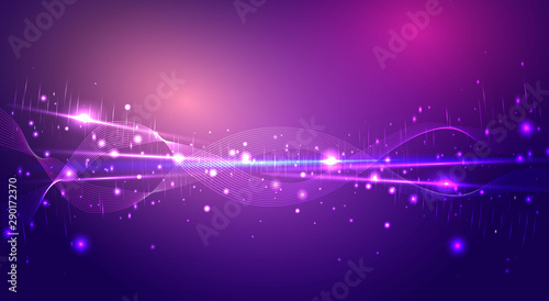 Abstract shiny lines wave, creative vector background with neon magical stars