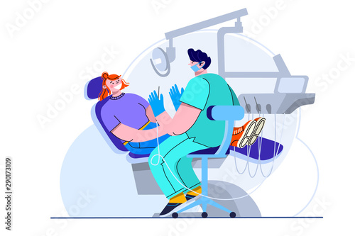 Patient in a dental chair at the dentist's office. Vector illustration. Tooth doctor examines the patient.