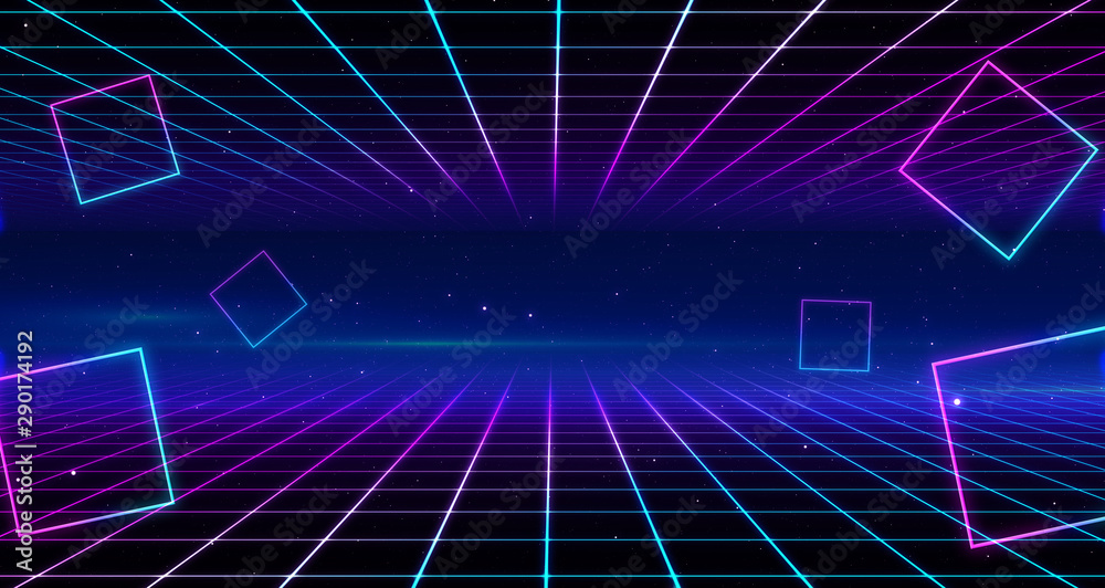Retro Sci-Fi Background Futuristic Grid landscape of the 80`s. Digital Cyber Surface. Suitable for design in the style of the 1980`s. 3D illustration