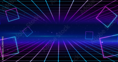 Obraz na płótnie Retro Sci-Fi Background Futuristic Grid landscape of the 80`s. Digital Cyber Surface. Suitable for design in the style of the 1980`s. 3D illustration w salonie
