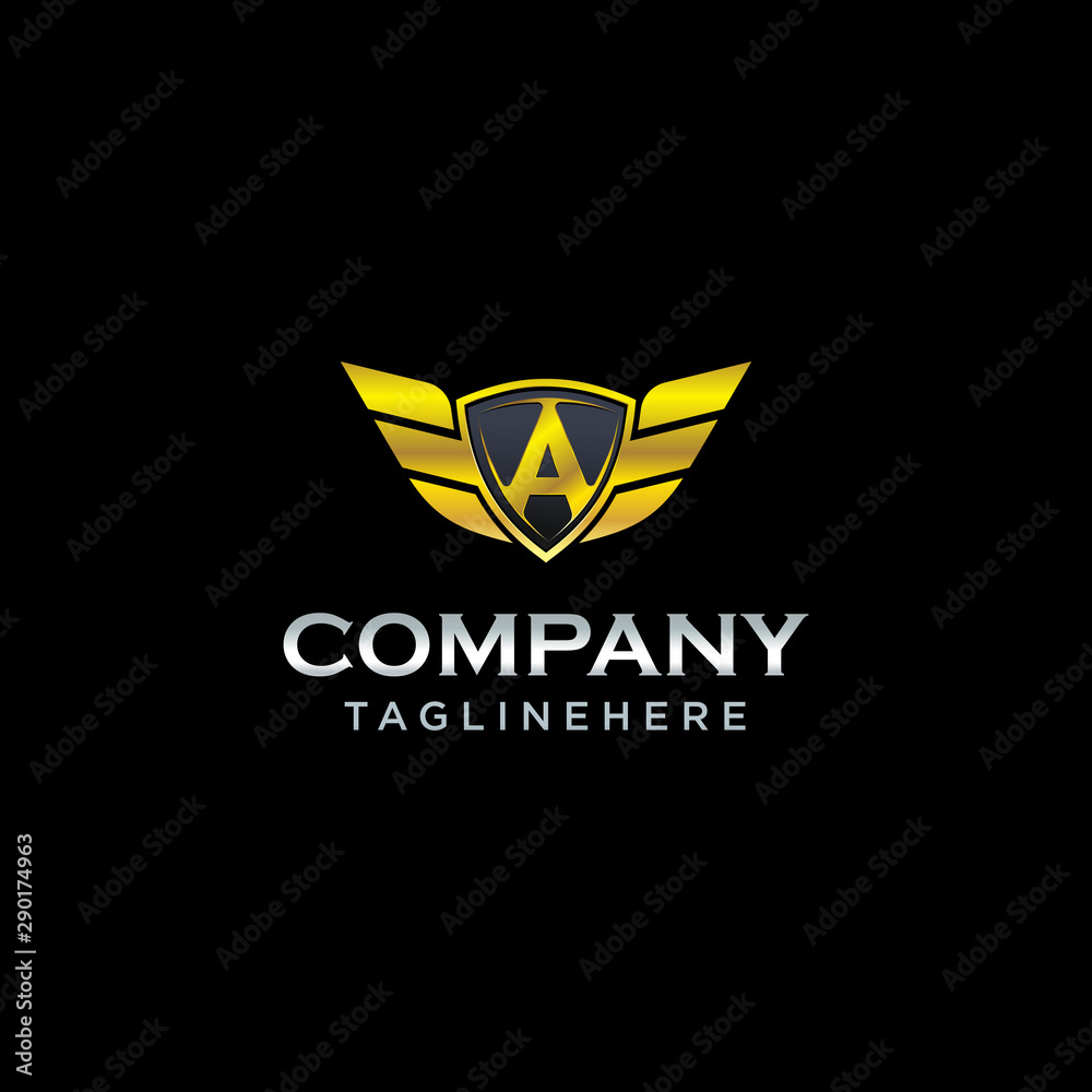 letter A shield with wings gold color logo design concept template vector letter A shield with wings gold color logo design concept template vector