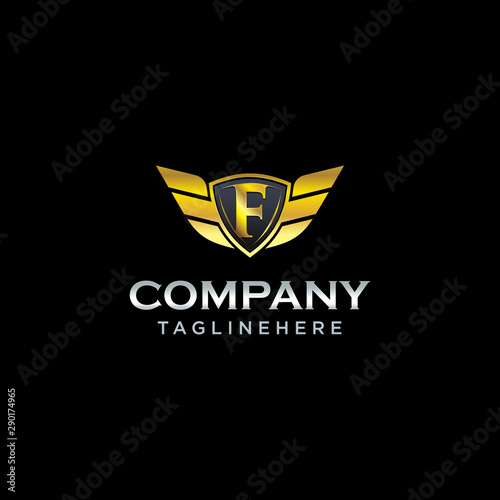 letter F shield with wings gold color logo design concept template vector