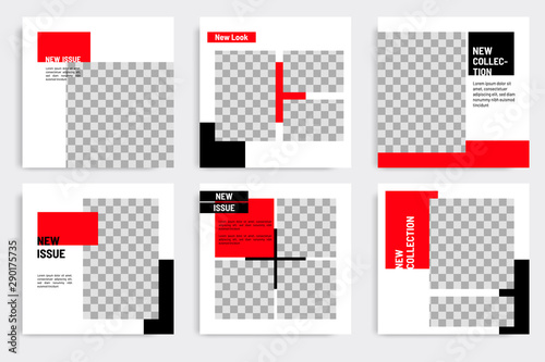Minimal layout design background vector illustration in black red white frame color. Editable square geometric shape banner template for social media post  stories  story  flyer  look book magazine