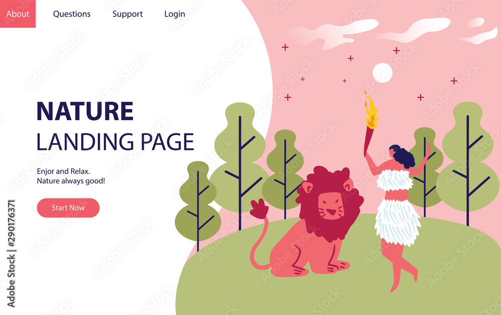 Naklejka premium Nature landing page concept with women in the hill and forest. Landing modern page template vector illustration - Vector