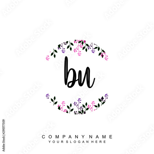 letter BU surrounded by beautiful and elegant flowers and leaves. Wedding monogram logo template. Fashion Logo template Vectors,