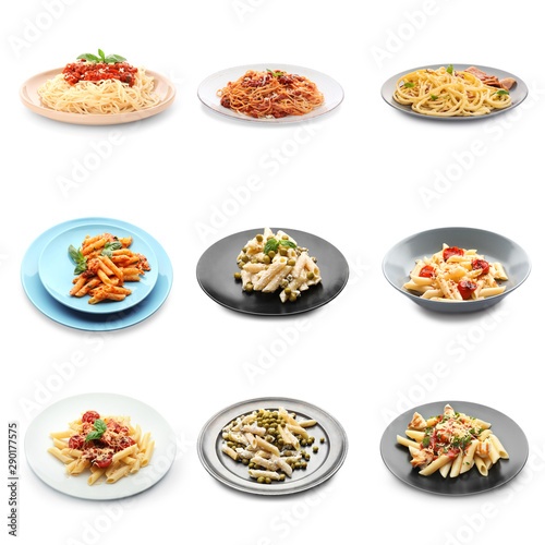 Different delicious pasta on white background