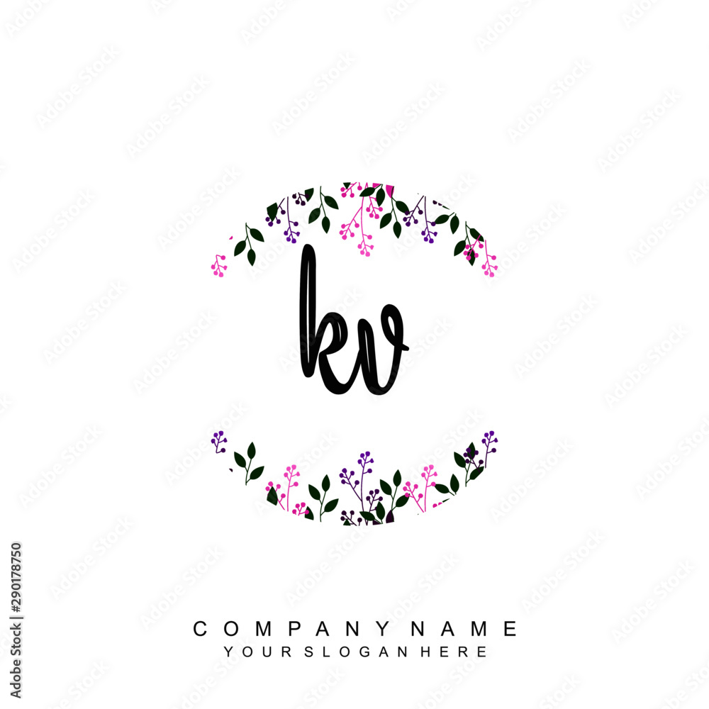 letter KV surrounded by beautiful and elegant flowers and leaves. Wedding monogram logo template. Fashion Logo template Vectors,