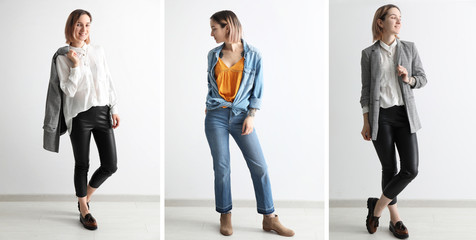 Collection of fashion photos with young model in stylish clothes