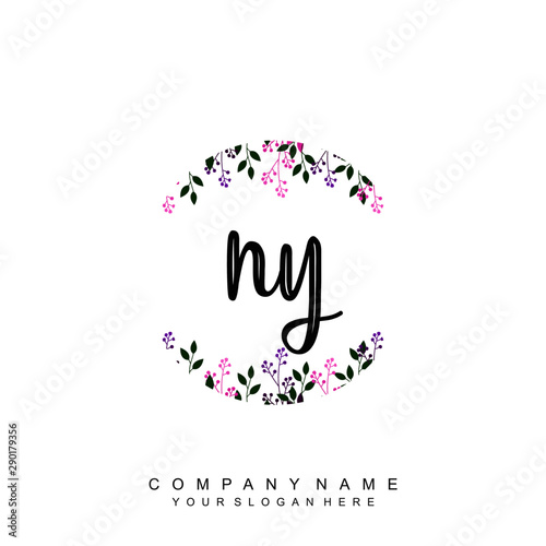 letter NY surrounded by beautiful and elegant flowers and leaves. Wedding monogram logo template. Fashion Logo template Vectors,